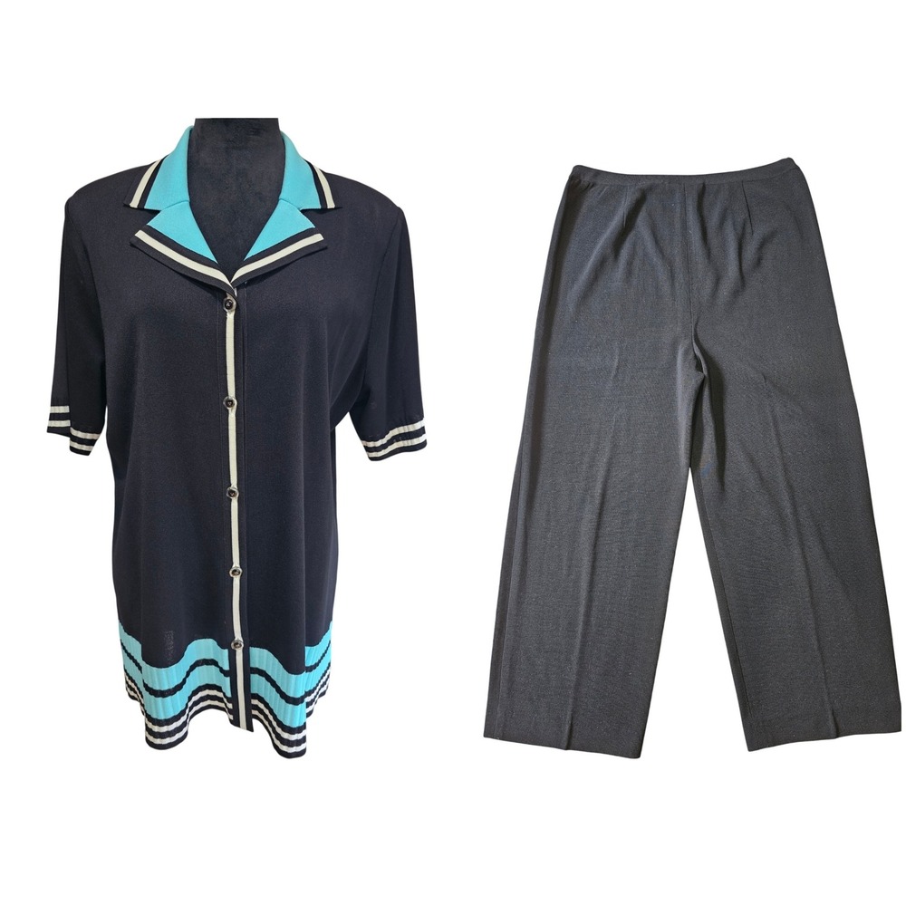 Misook Knit Pant Suit Set Womens Black Blue Striped Short Sleeve Top Cardigan OX